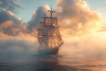 Obraz premium A majestic sailing ship navigates through the tranquil, foggy waters at dawn, with the soft light illuminating its sails and the surrounding mist.