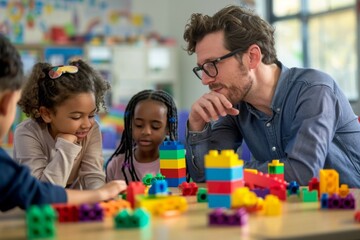 Teacher Observing Children Play with Building Blocks