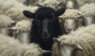 Naklejka premium Black Sheep Among White Sheep