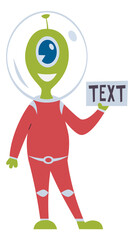 Cartoon space alien character hold banner with text