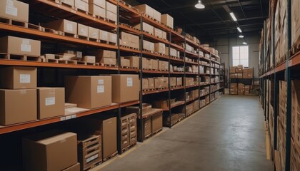 A spacious warehouse with neatly stacked boxes on shelves, ready for distribution and logistics