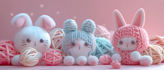 3D clay, Adorable clay a yarn dools ,muted pastels, Blender 3d, dolls with colorful pets and cute , kawaii pets model, dolls decorations	