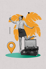 Vertical photo collage of happy astonished girl hold iphone make selfie summer suitcase gps icon...