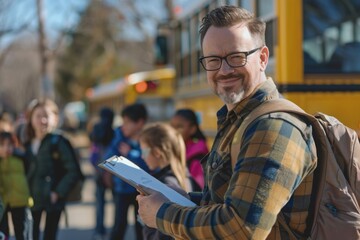 Smiling Man Holding Clipboard in Front of School Bus