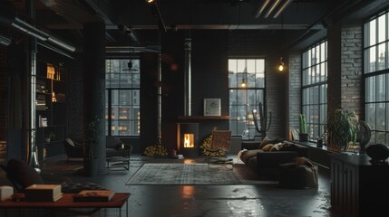 A dark, industrial - style living room