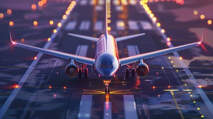 Airplane taxiing on a runway at dusk with lights illuminating the path, showcasing aviation travel and transportation.