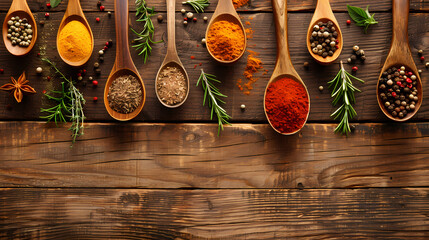 Assortment of colorful spices and fresh herbs in wooden spoons on a rustic wooden table