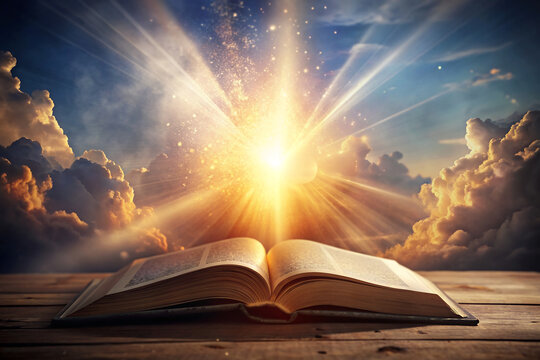 open bible with a light shining on it