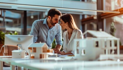 Architects collaborating on a project, reviewing plans and scale models in a modern office setting.