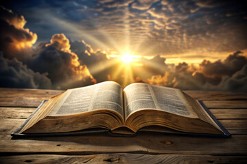 open bible with a light shining on it