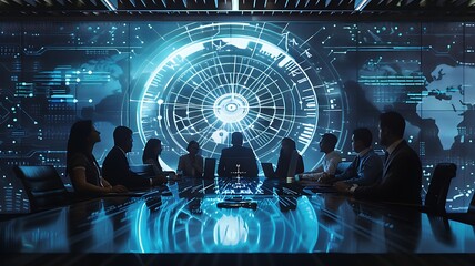 a team of executives gathered around a table, focusing on a digital compass projected on a screen, representing mission path and market decisions, in a sleek, high-tech conference room