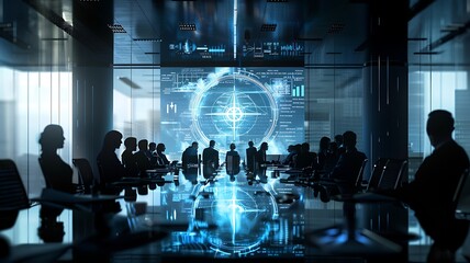 a team of executives gathered around a table, focusing on a digital compass projected on a screen, representing mission path and market decisions, in a sleek, high-tech conference room