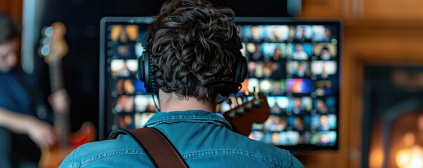 A musician collaborating with band members via video chat, feeling inspired and harmonious, Harmony, Musical Connection