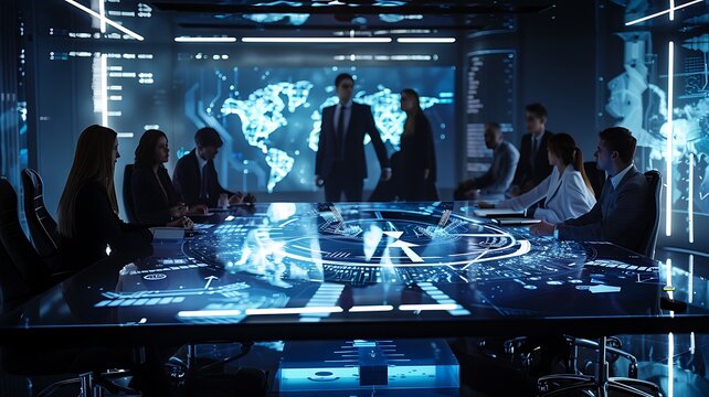 a team of executives gathered around a table, focusing on a digital compass projected on a screen, representing mission path and market decisions, in a sleek, high-tech conference room