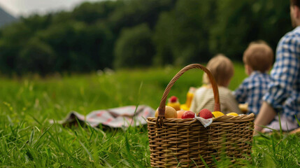 A family enjoying a picnic in a lush green meadow, filled with laughter and joy, Happiness, Family Lifestyle