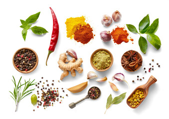 Top view of spices and herbs isolated from white or transparent background © Miquel