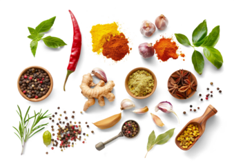 Top view of spices and herbs isolated from white or transparent background