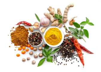 A variety of spices and herbs are displayed on a white background