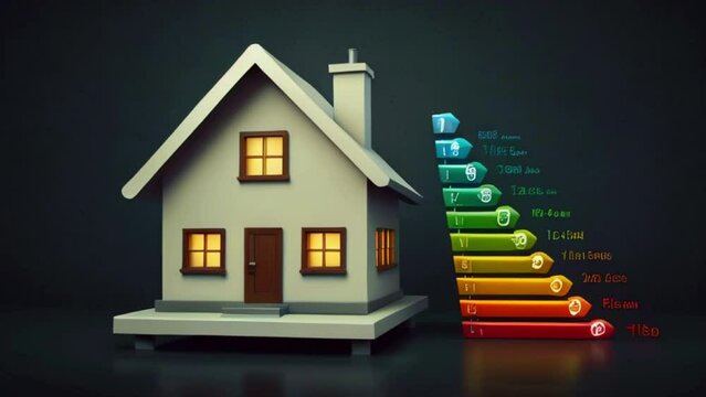 A cartoon house sits in front of a dark background. To the right of the house is a vertical bar divided into 10 sections, each a different color.