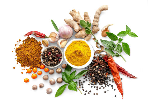 A variety of spices and herbs are displayed on a white background
