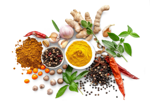 A variety of spices and herbs are displayed on a white background