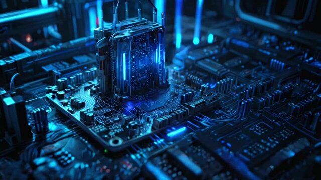 A close up of a computer chip with blue lighting.