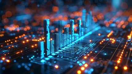 Data Increase Concept Glowing Neon Blue 3D Bar Graph and Upward Arrow on Digital Circuit Board Background