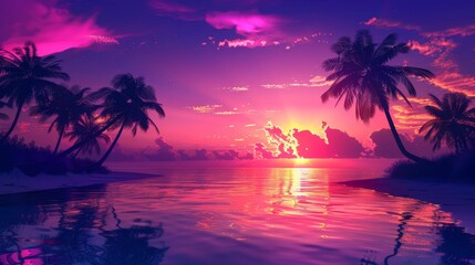 Silhouetted palm trees on a beach, neon sunset sky reflecting vibrant colors on the water, creating a serene and beautiful scene