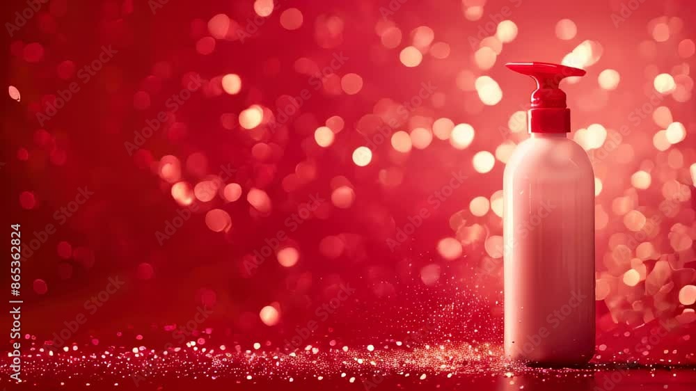 Poster red bottle with bokeh lights, shimmering particles
