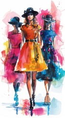 Fototapeta premium Illustrate a scene featuring three stylish models in chic dresses and hats, with a focus on watercolor-like elements