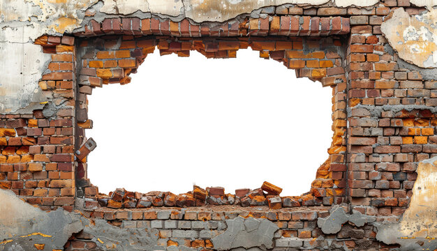 Empty hole in the wall, view through white transparent opening on damaged brickwall background, copy space