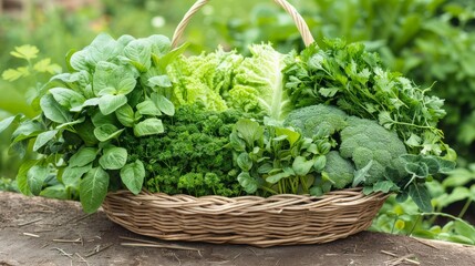 Naklejka premium Freshly picked green vegetables and herbs arranged in a basket, representing sustainable farming practices