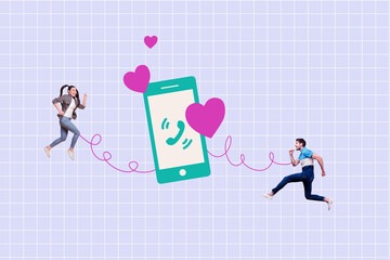 Creative picture young couple lovers social media network phone ring date match app love affection sympathy relationship