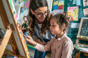 Art Teacher Guiding Young Student