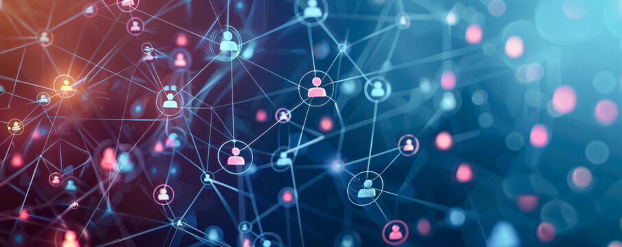 Abstract illustration of the people icons connected with lines in network. Social net connection concept.