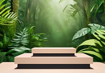 Empty podium for product presentation with leaves on rainforest landscape. AI generative-96