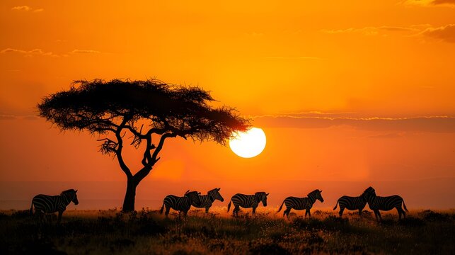 African zebras at beautiful orange sunset in the Serengeti National Park. Tanzania. Wild nature of Africa. 