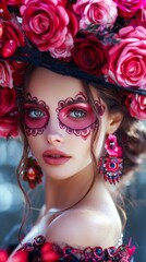 Obraz premium A young girl with vibrant pink and red floral face paint and a matching headpiece. The vivid colors and detailed design create an enchanting portrait