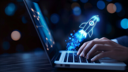 A businessman is conceptualizing a business strategy using a laptop that produces a virtual rocket that is speeding up. an illustration of a business strategy concept with rapid growth