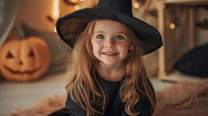 A young girl in a black witch hat, smiling brightly. The cozy indoor setting with Halloween decorations creates a warm, festive atmosphere