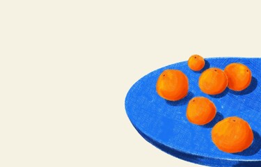 Fresh orange citrus round fruits on round blue table top surface drawing illustration isolated on horizontal ratio light yellow copy spaced empty background for text.