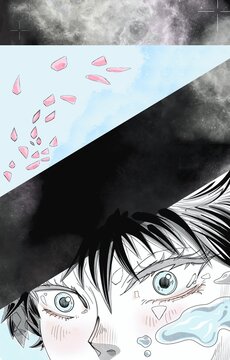 Beautiful anime or manga comic styled drawing illustration with empty copy space for texts isolated on vertical ratio background. Colored line art doole with sketchy art style.