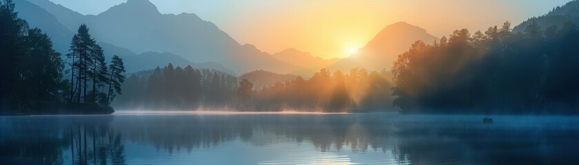 Obraz premium A serene sunrise over a misty lake 