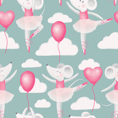 Cute Ballerina Mouse, green background - seamless pattern