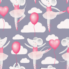 Cute Ballerina Mouse, grey background - seamless pattern