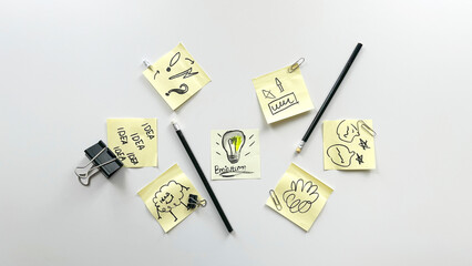 Brainstorm background. Ideas are depicted on sticky note paper. Teamwork. Idea. Solution. Task.