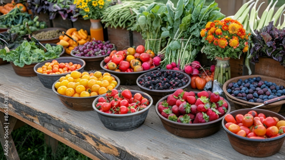 Poster a colorful array of fruits and vegetables displayed on a rustic wooden table inviting participants t