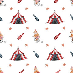 Circus watercolor pattern. Seamless vintage hand drawn pattern of cute animals, bear on a bicycle, circus tent and stars. Ideal baby pattern for textiles and decoration of children's rooms © Татьяна Трущелева