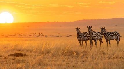 African zebras at beautiful orange sunset in the Serengeti National Park. Tanzania. Wild nature of Africa. 