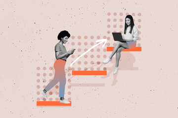 Composite photo collage of two happy girls colleagues office promotion type iphone laptop devices freelance isolated on painted background